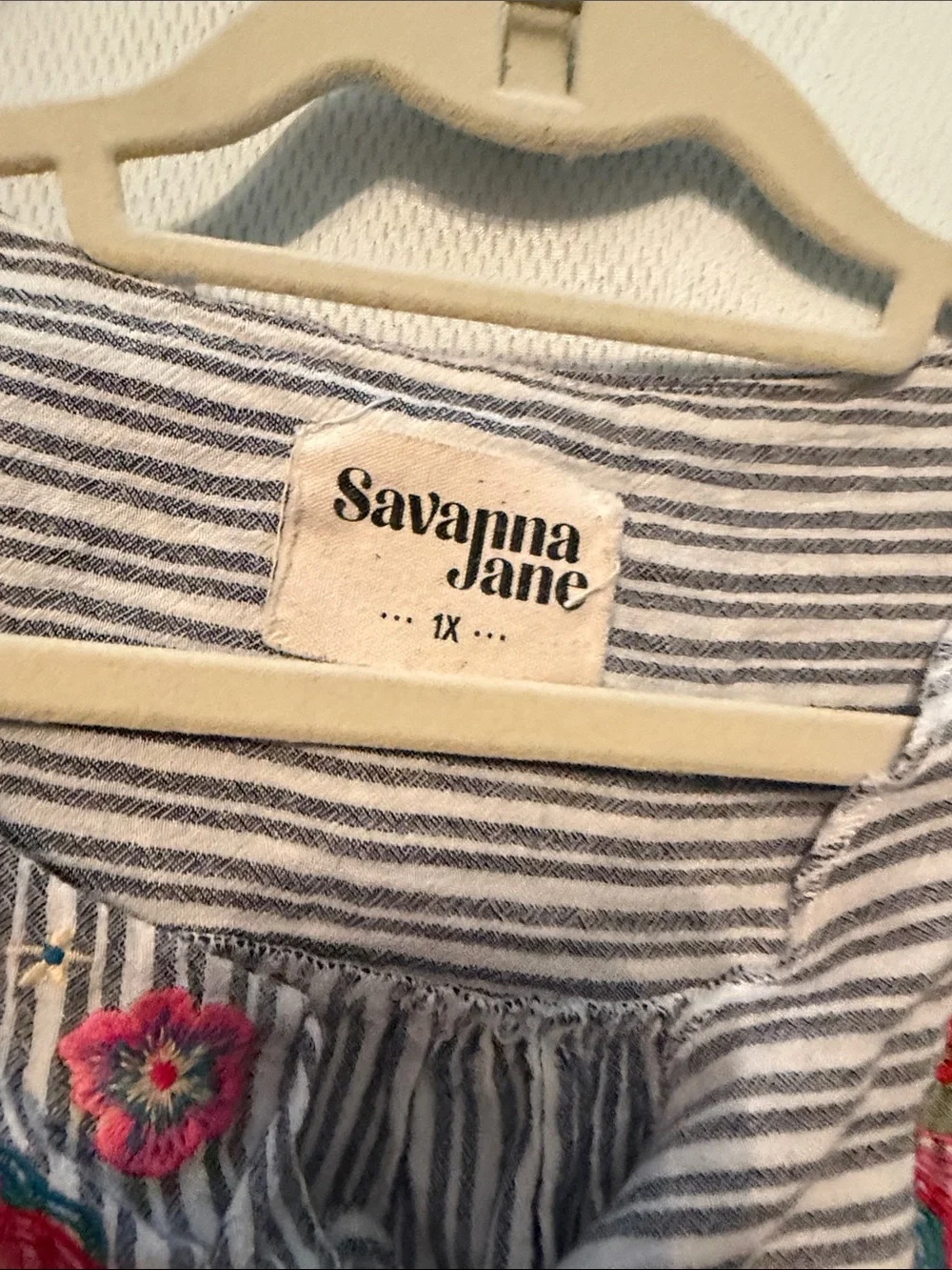 Savanna Jane Blue and White Striped Tank with Pink & Teal Floral Embroidery - Picture 3 of 3
